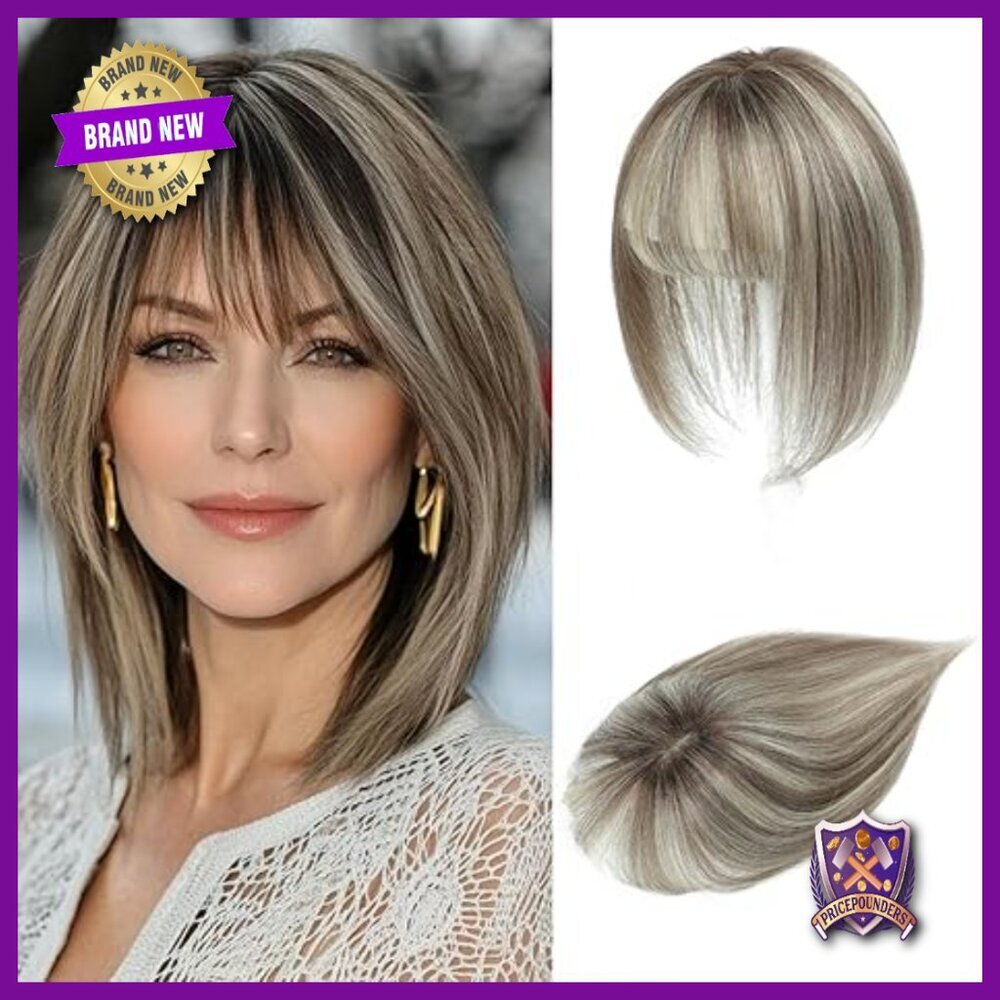 Real Human Hair Topper with Bangs for Thinning Hair, Glueless Swiss Base